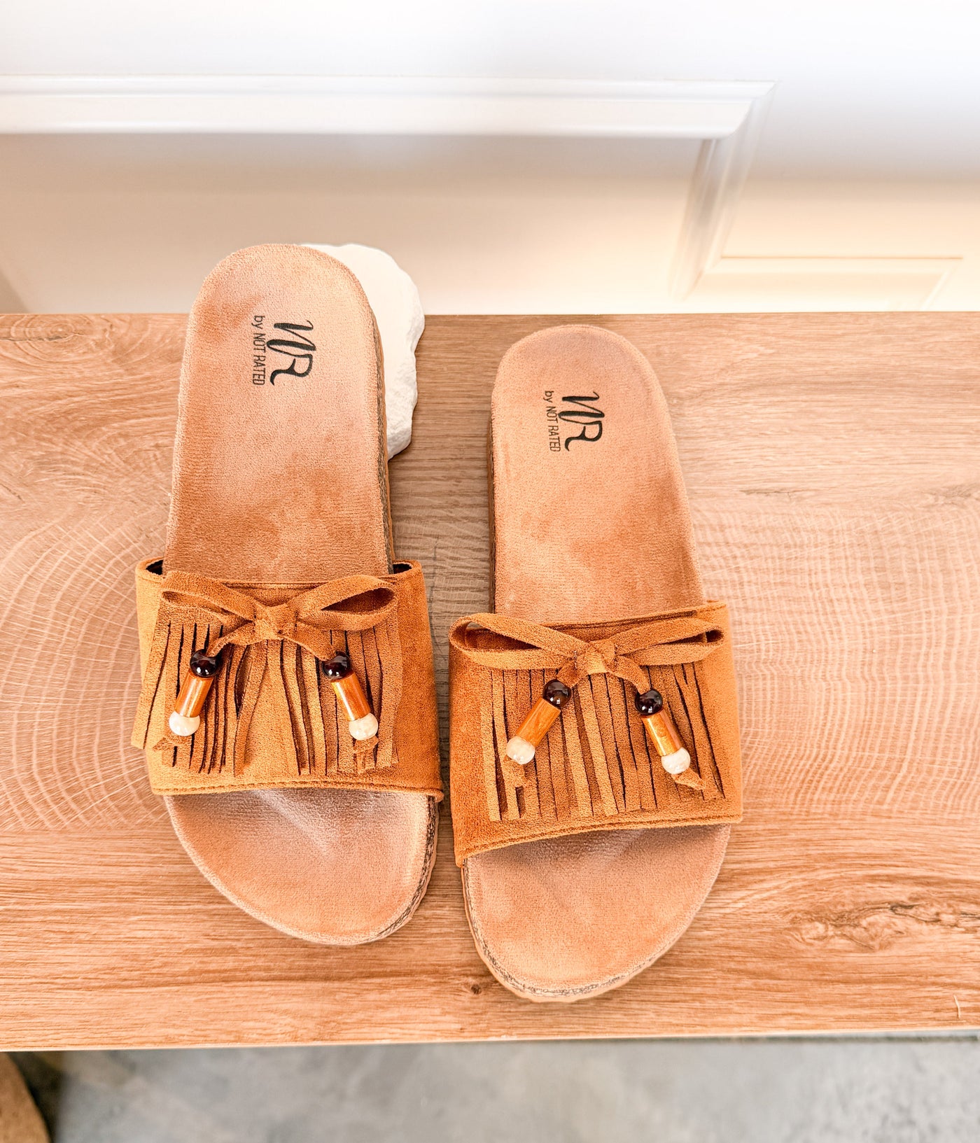 Lilliam Fringe Beaded Sandals in Tan - Glamourous Grace
