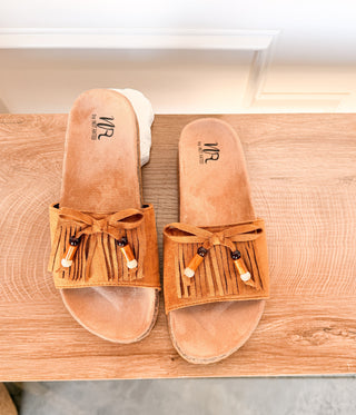 Lilliam Fringe Beaded Sandals in Tan - Glamourous Grace