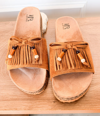 Lilliam Fringe Beaded Sandals in Tan - Glamourous Grace
