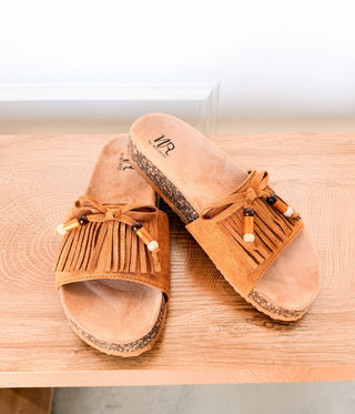Lilliam Fringe Beaded Sandals in Tan - Glamourous Grace
