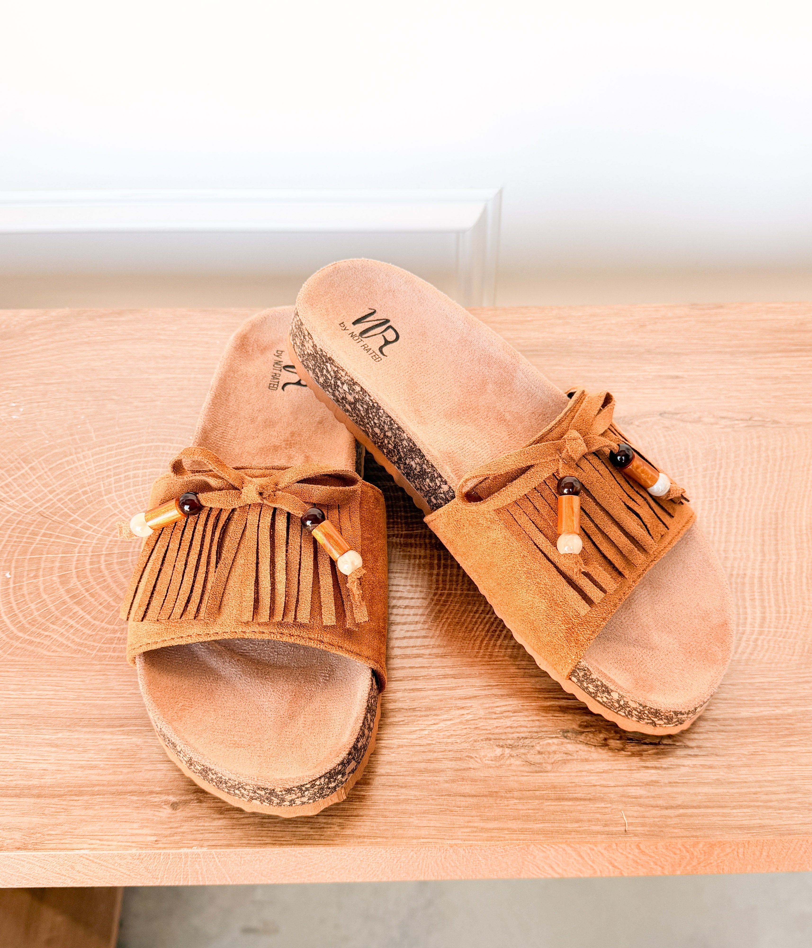 Lilliam Fringe Beaded Sandals in Tan - Glamourous Grace