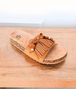 Lilliam Fringe Beaded Sandals in Tan - Glamourous Grace