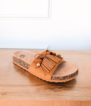 Lilliam Fringe Beaded Sandals in Tan - Glamourous Grace