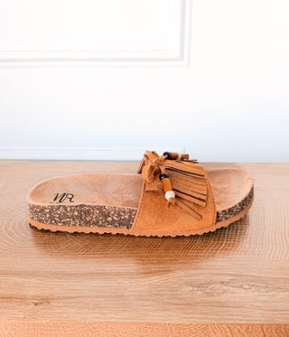 Lilliam Fringe Beaded Sandals in Tan - Glamourous Grace