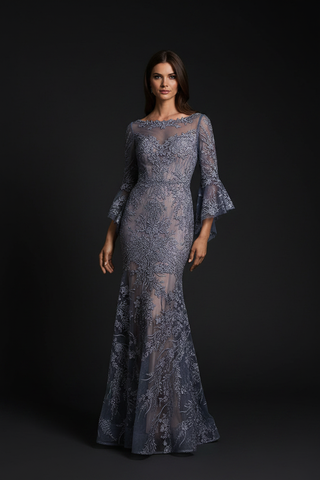 Illusion Neck, Long Bell Sleeve Gown - Glamourous Grace