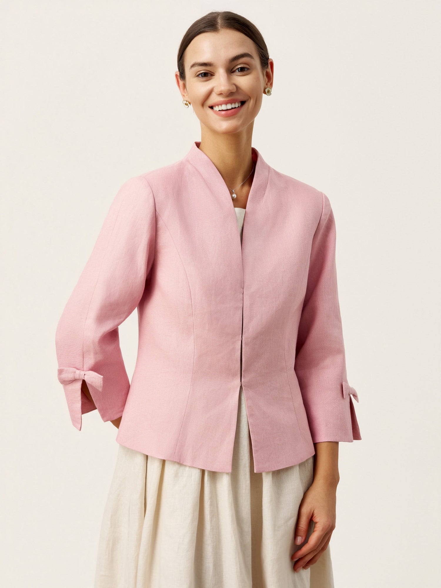 100% Linen Bow Cuff Stand Collar Jacket FINOLA - Glamourous Grace