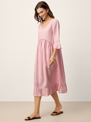 100% Linen V-Neck Ruffle Hem Midi Dress with Crochet Trim MARTHA