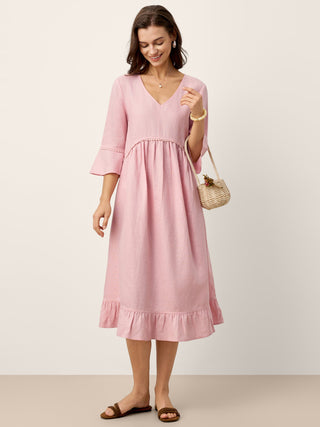 100% Linen V-Neck Ruffle Hem Midi Dress with Crochet Trim MARTHA