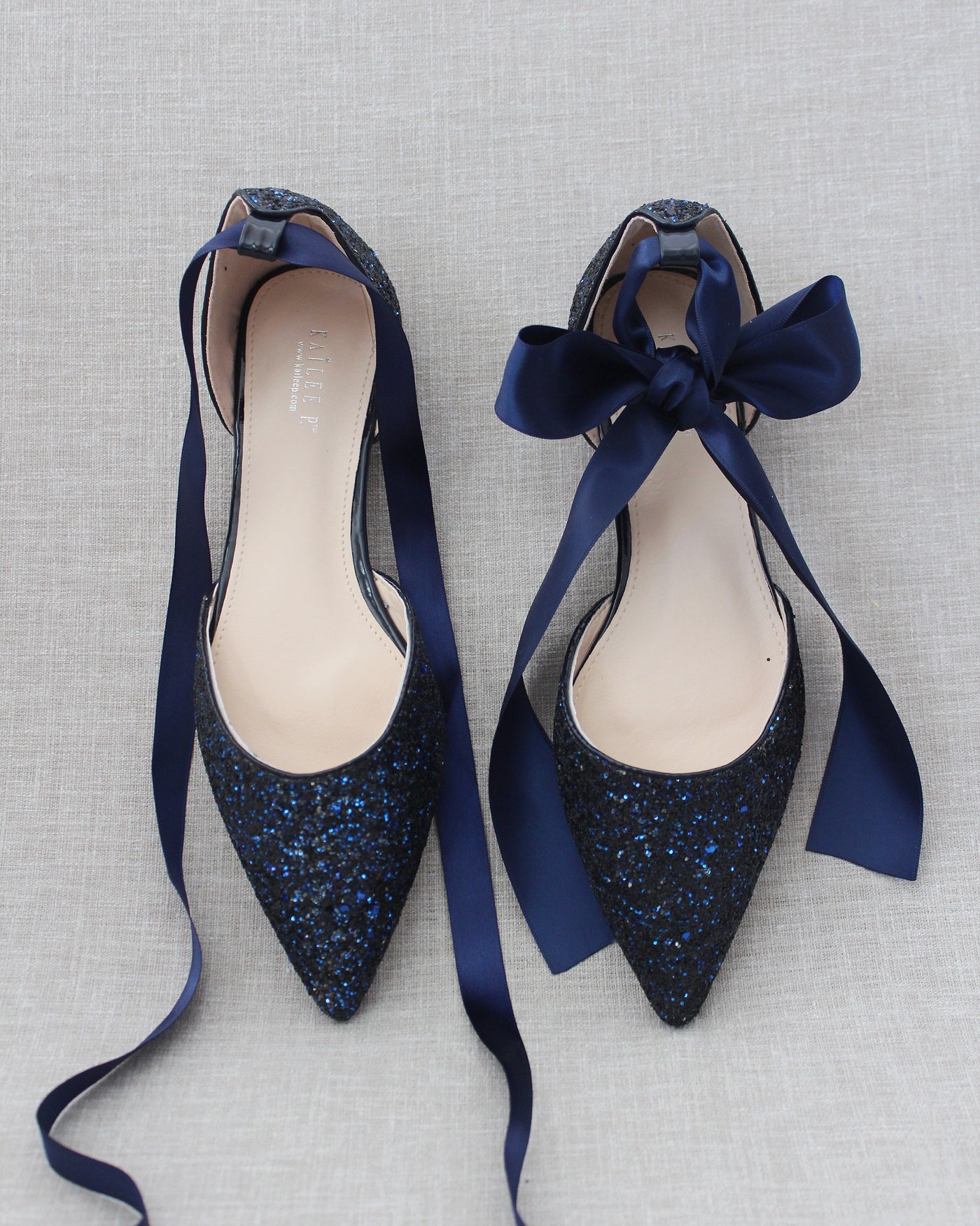 Rock Glitter Pointy Toe Flats with Satin Ankle Tie or Ballerina Lace Up - Glamourous Grace