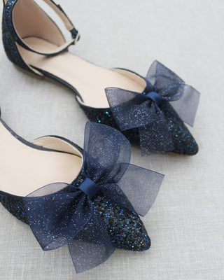 Rock Glitter Pointy Toe Flats with Organza Bow