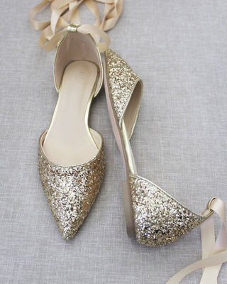 Rock Glitter Pointy Toe Flats with Satin Ankle Tie or Ballerina Lace Up