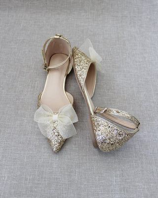 Rock Glitter Pointy Toe Flats with Ankle Strap and Organza Bow