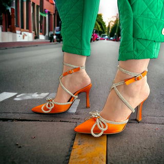 The Floransa Orange Leather Pointy Toe Ankle Strap Women Sandal Final Sale! - Glamourous Grace