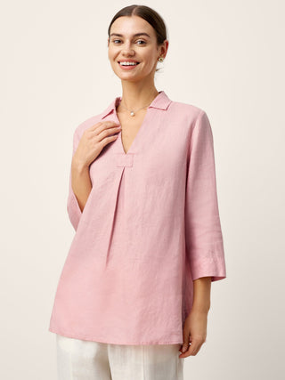 100% Linen Layered Lapel V-neck Sculpted Front Pleat Longline Top ODALYS - Glamourous Grace