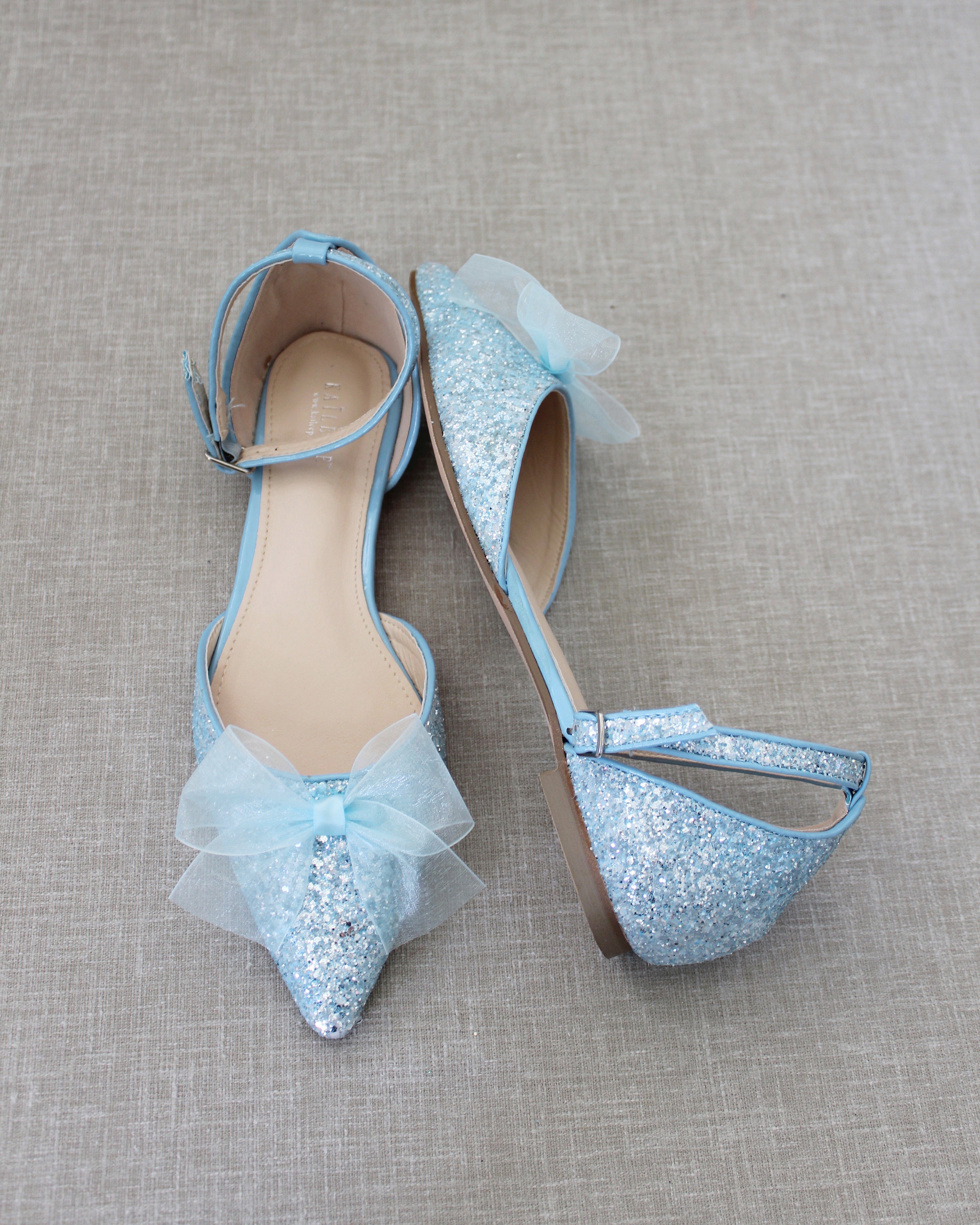 Rock Glitter Pointy Toe Flats with Organza Bow