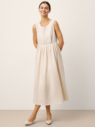 100% Linen Sleeveless Crew Neck Waist Pleated Maxi Dress SELENE - Glamourous Grace
