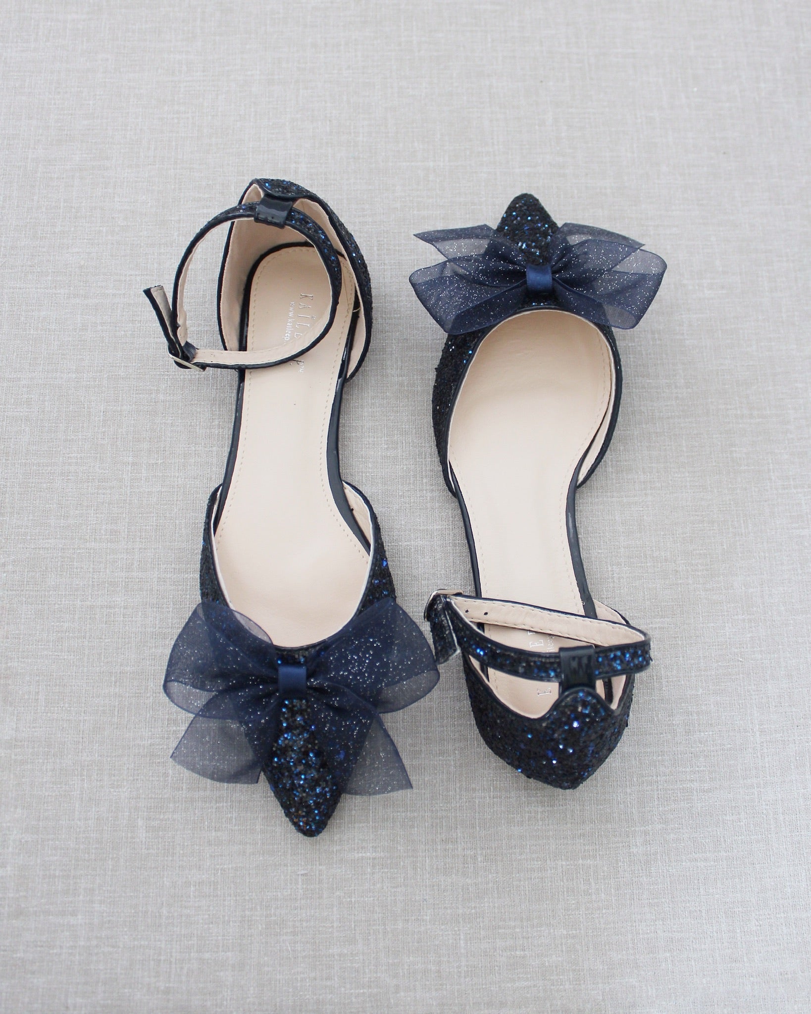 Rock Glitter Pointy Toe Flats with Organza Bow