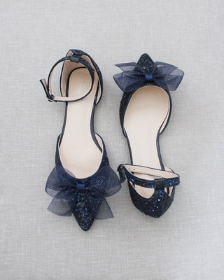 Rock Glitter Pointy Toe Flats with Organza Bow