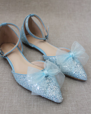 Rock Glitter Pointy Toe Flats with Organza Bow