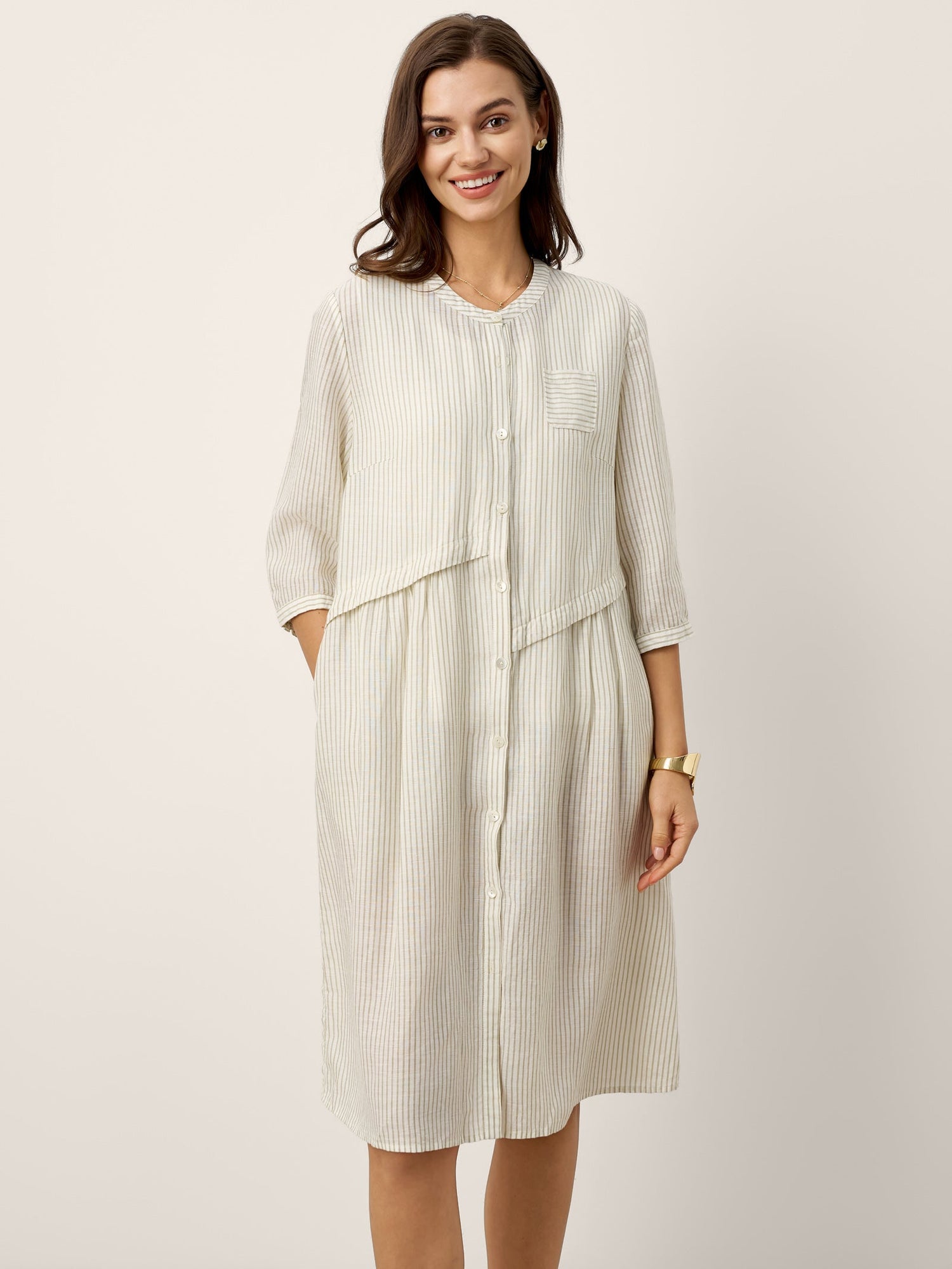 Linen-Lyocell Deconstructed Asymmetric Front Pleat Midi Dress EULALIE - Glamourous Grace