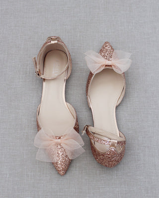 Rock Glitter Pointy Toe Flats with Organza Bow