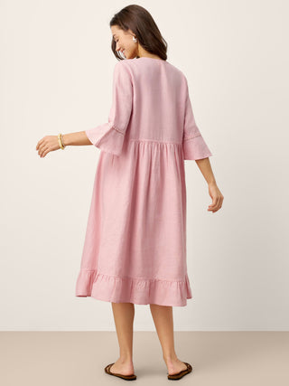 100% Linen V-Neck Ruffle Hem Midi Dress with Crochet Trim MARTHA