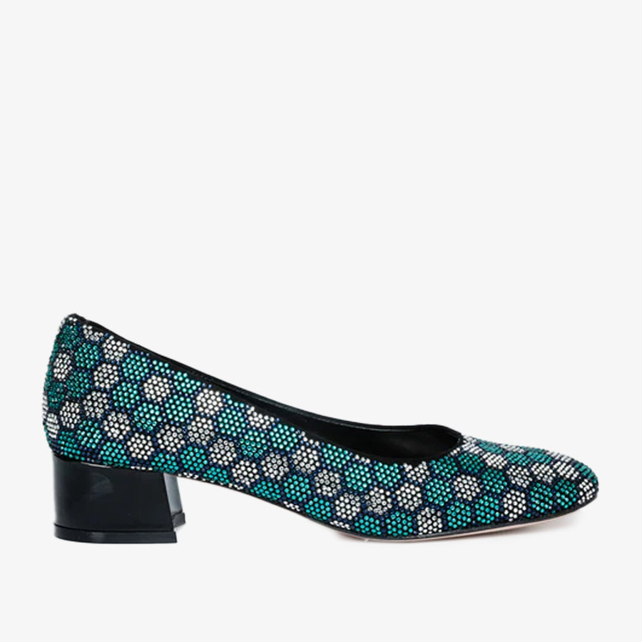 The Doha Turqoise Glitter Leather Block Pump Women Shoe - Glamourous Grace