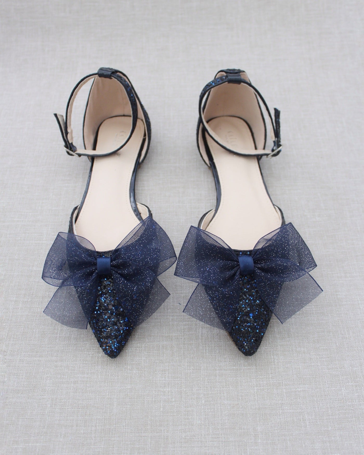 Rock Glitter Pointy Toe Flats with Organza Bow - Glamourous Grace