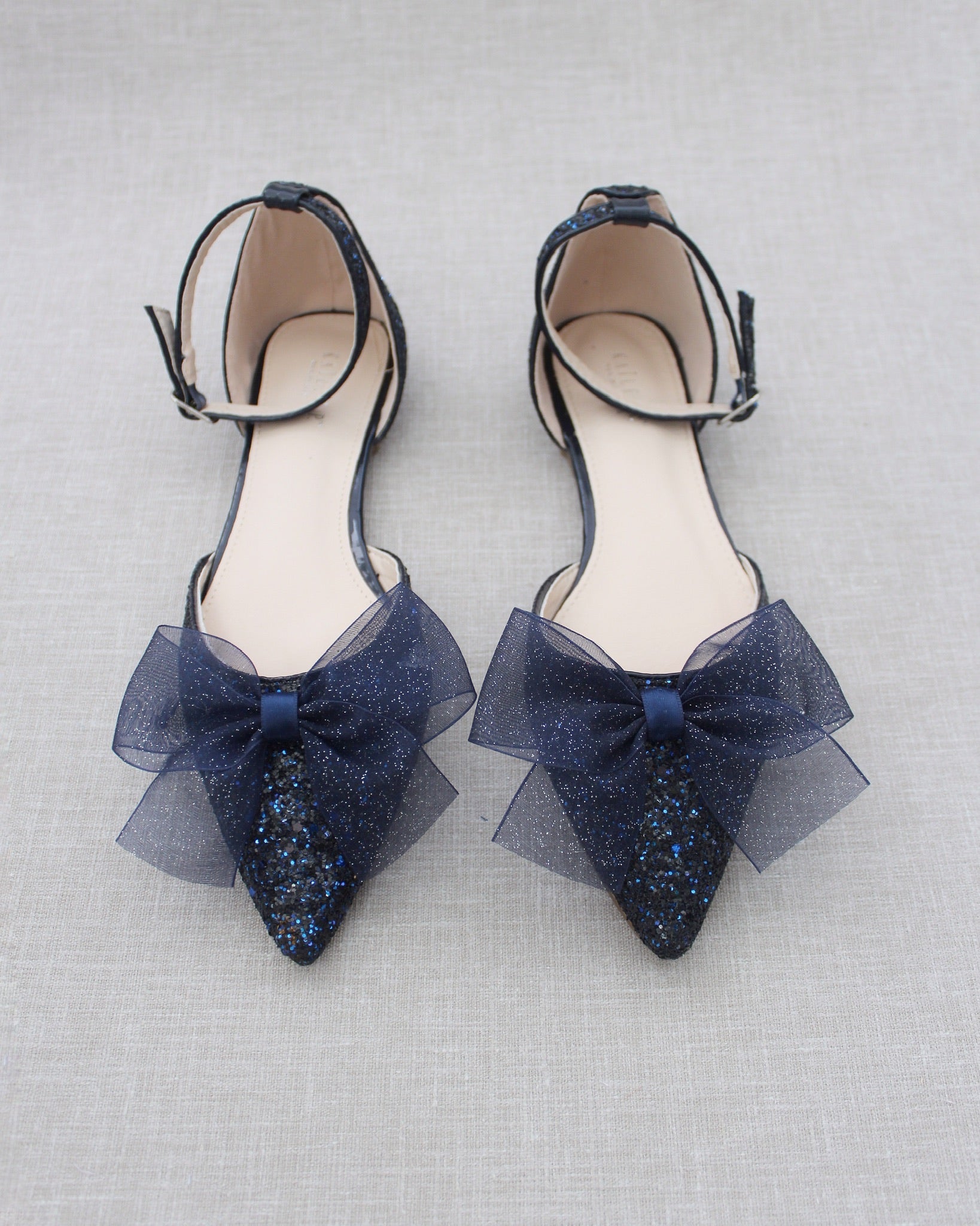 Rock Glitter Pointy Toe Flats with Organza Bow