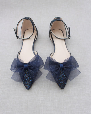 Rock Glitter Pointy Toe Flats with Organza Bow