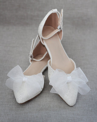 Rock Glitter Pointy Toe Flats with Organza Bow