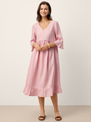 100% Linen V-Neck Ruffle Hem Midi Dress with Crochet Trim MARTHA