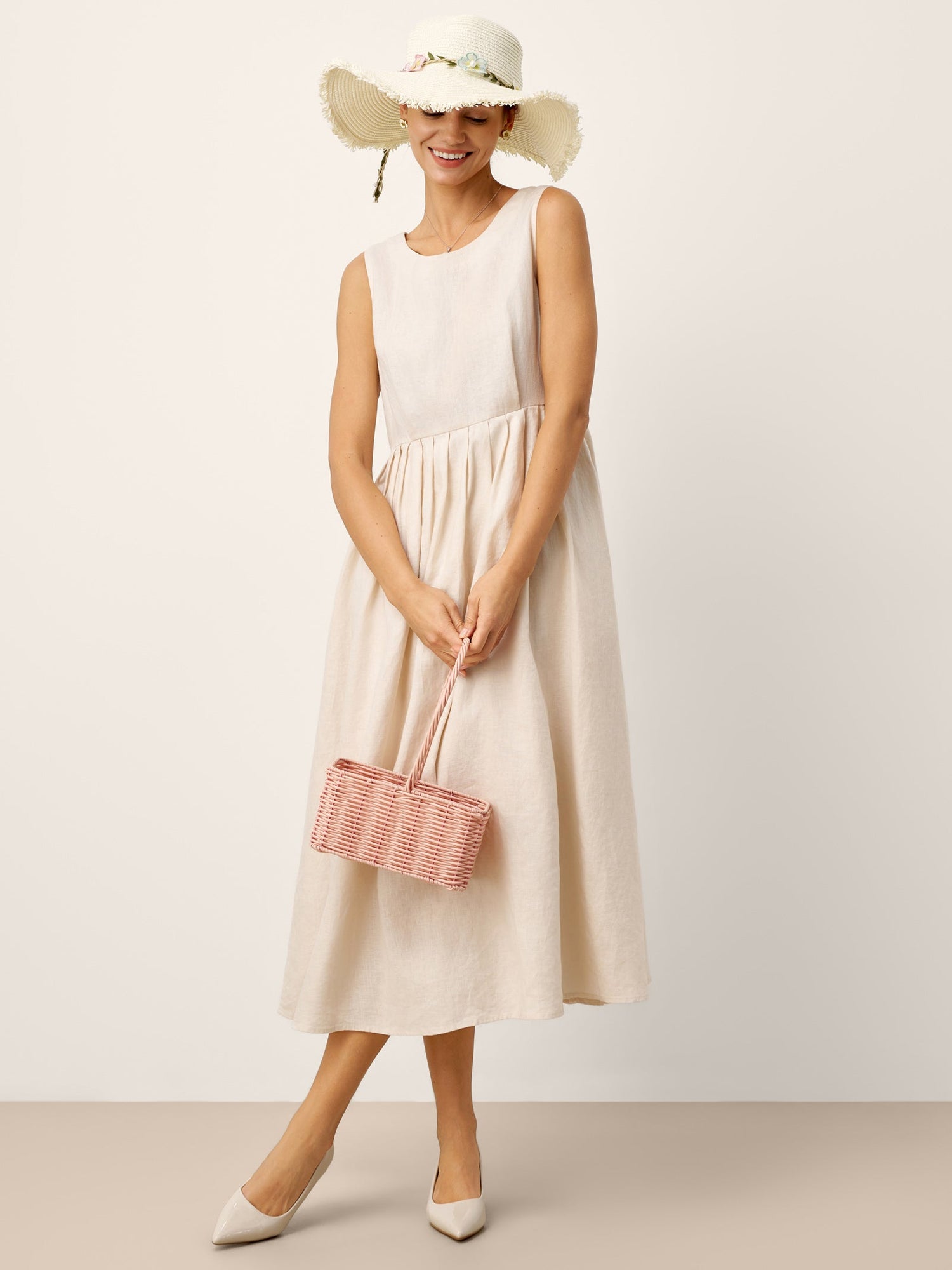 100% Linen Sleeveless Crew Neck Waist Pleated Maxi Dress SELENE - Glamourous Grace