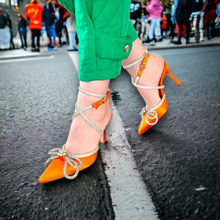 The Floransa Orange Leather Pointy Toe Ankle Strap Women Sandal Final Sale! - Glamourous Grace