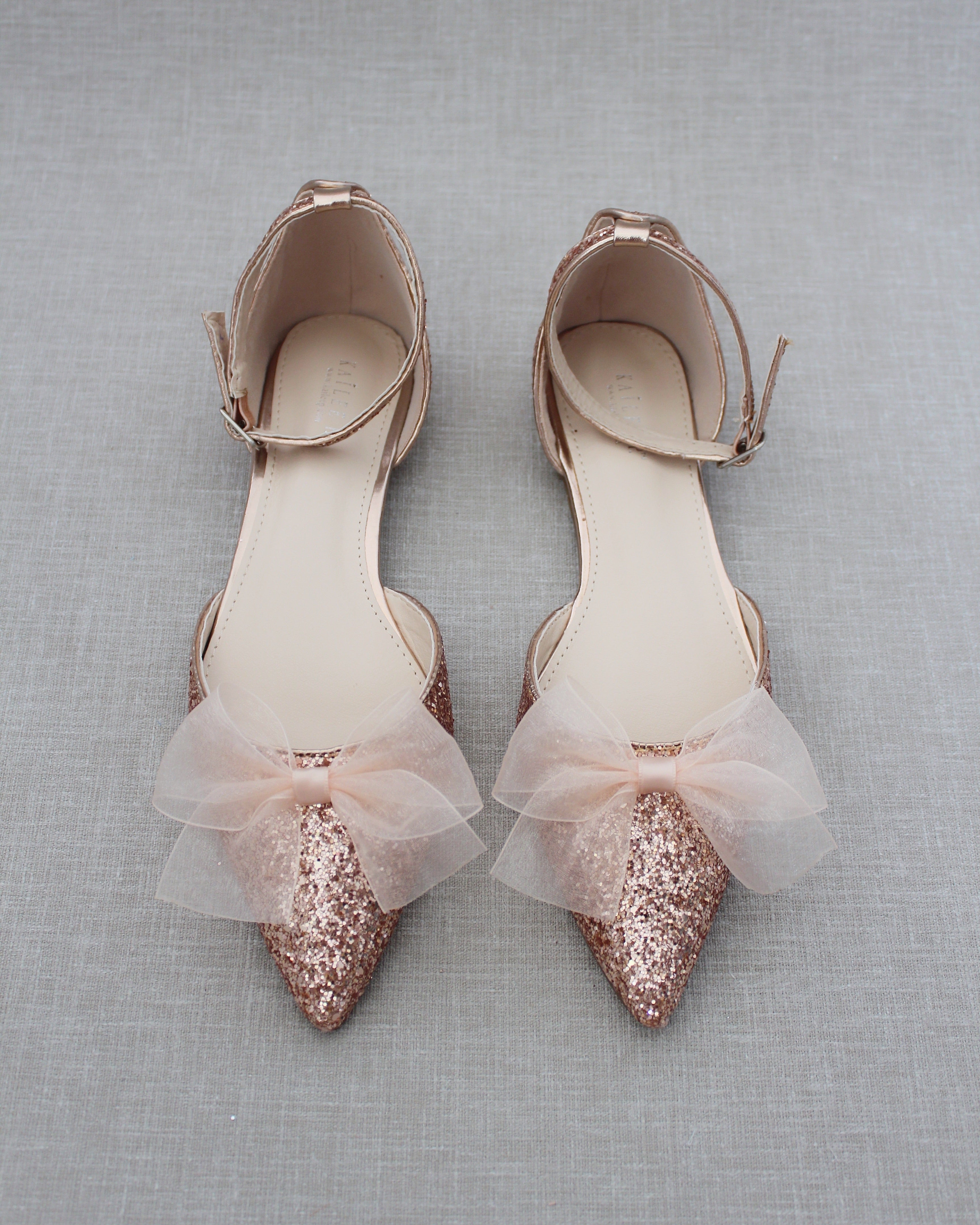 Rock Glitter Pointy Toe Flats with Organza Bow