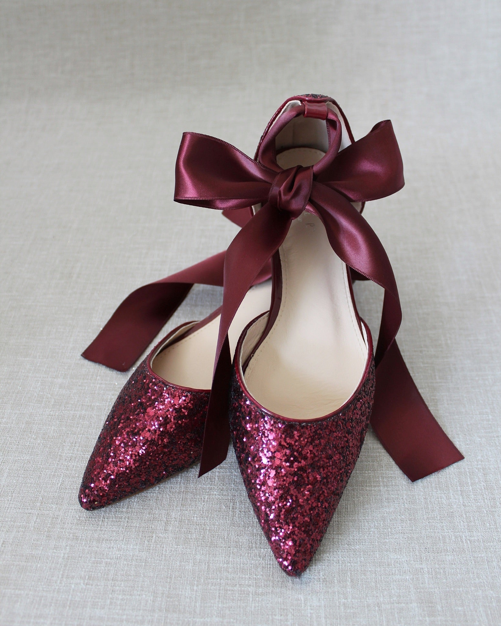 Rock Glitter Pointy Toe Flats with Satin Ankle Tie or Ballerina Lace Up
