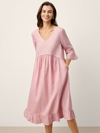 100% Linen V-Neck Ruffle Hem Midi Dress with Crochet Trim MARTHA