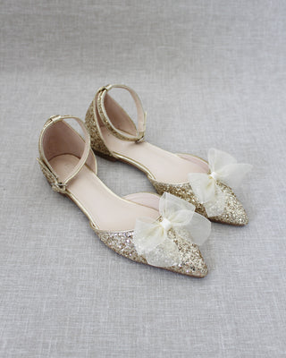Rock Glitter Pointy Toe Flats with Ankle Strap and Organza Bow