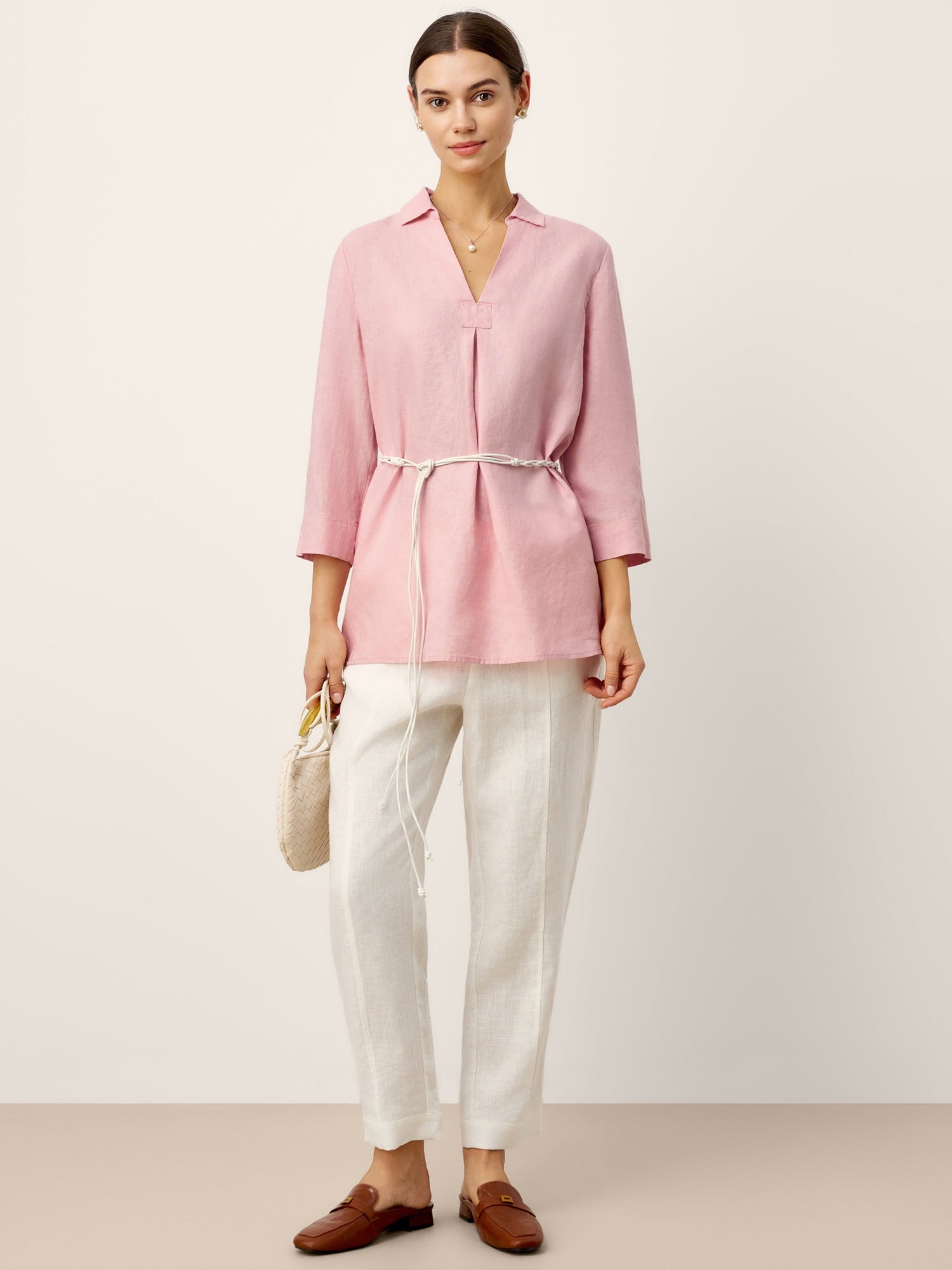 100% Linen Layered Lapel V-neck Sculpted Front Pleat Longline Top ODALYS - Glamourous Grace