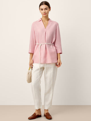 100% Linen Layered Lapel V-neck Sculpted Front Pleat Longline Top ODALYS - Glamourous Grace