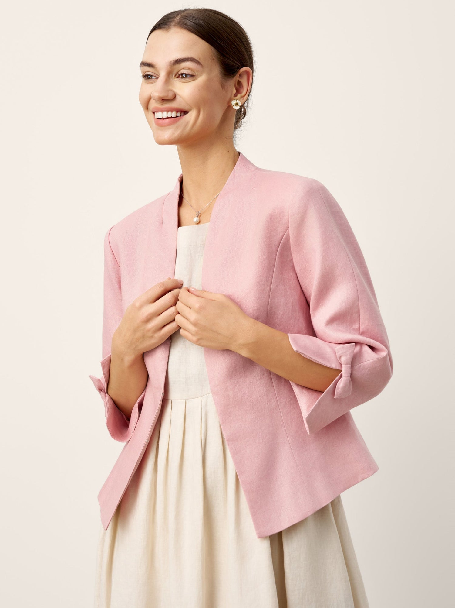 100% Linen Bow Cuff Stand Collar Jacket FINOLA - Glamourous Grace