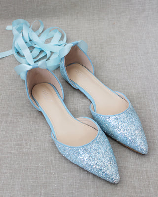 Rock Glitter Pointy Toe Flats with Satin Ankle Tie or Ballerina Lace Up