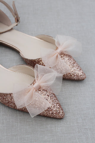 Rock Glitter Pointy Toe Flats with Organza Bow