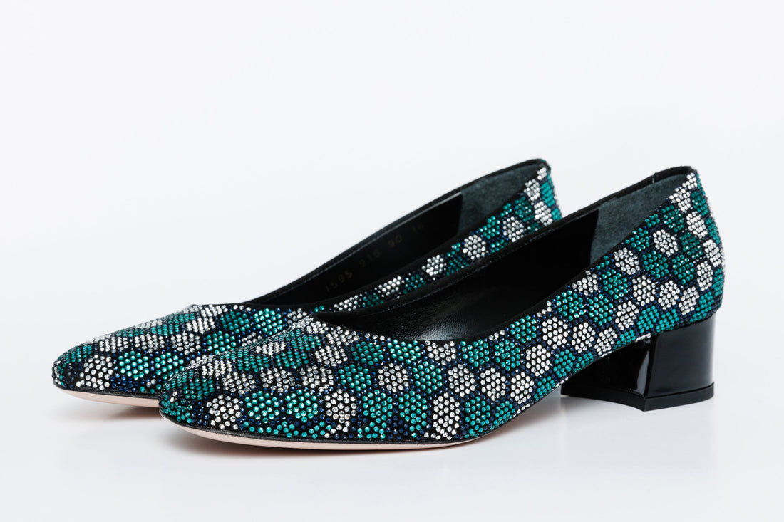 The Doha Turqoise Glitter Leather Block Pump Women Shoe - Glamourous Grace
