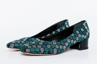 The Doha Turqoise Glitter Leather Block Pump Women Shoe - Glamourous Grace