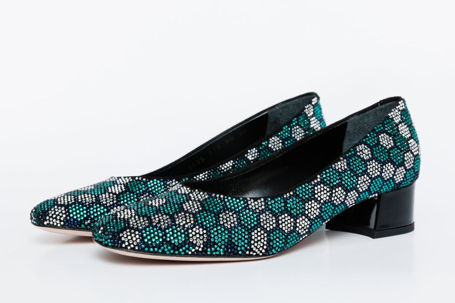 The Doha Turqoise Glitter Leather Block Pump Women Shoe - Glamourous Grace