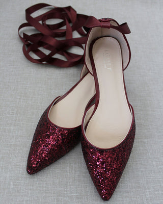 Rock Glitter Pointy Toe Flats with Satin Ankle Tie or Ballerina Lace Up