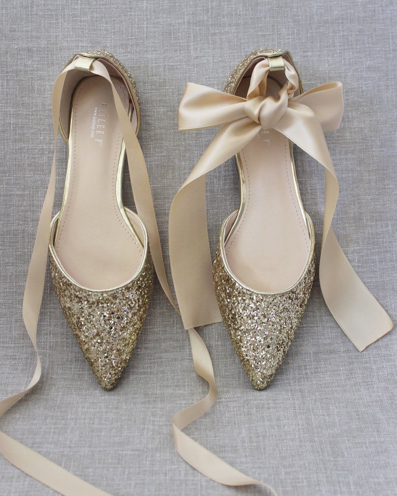 Rock Glitter Pointy Toe Flats with Satin Ankle Tie or Ballerina Lace Up - Glamourous Grace