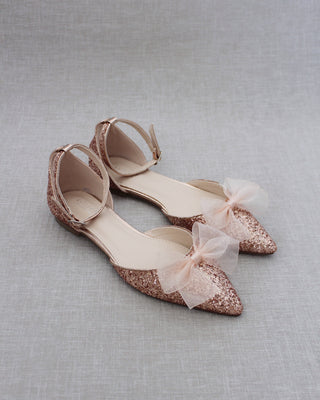Rock Glitter Pointy Toe Flats with Organza Bow