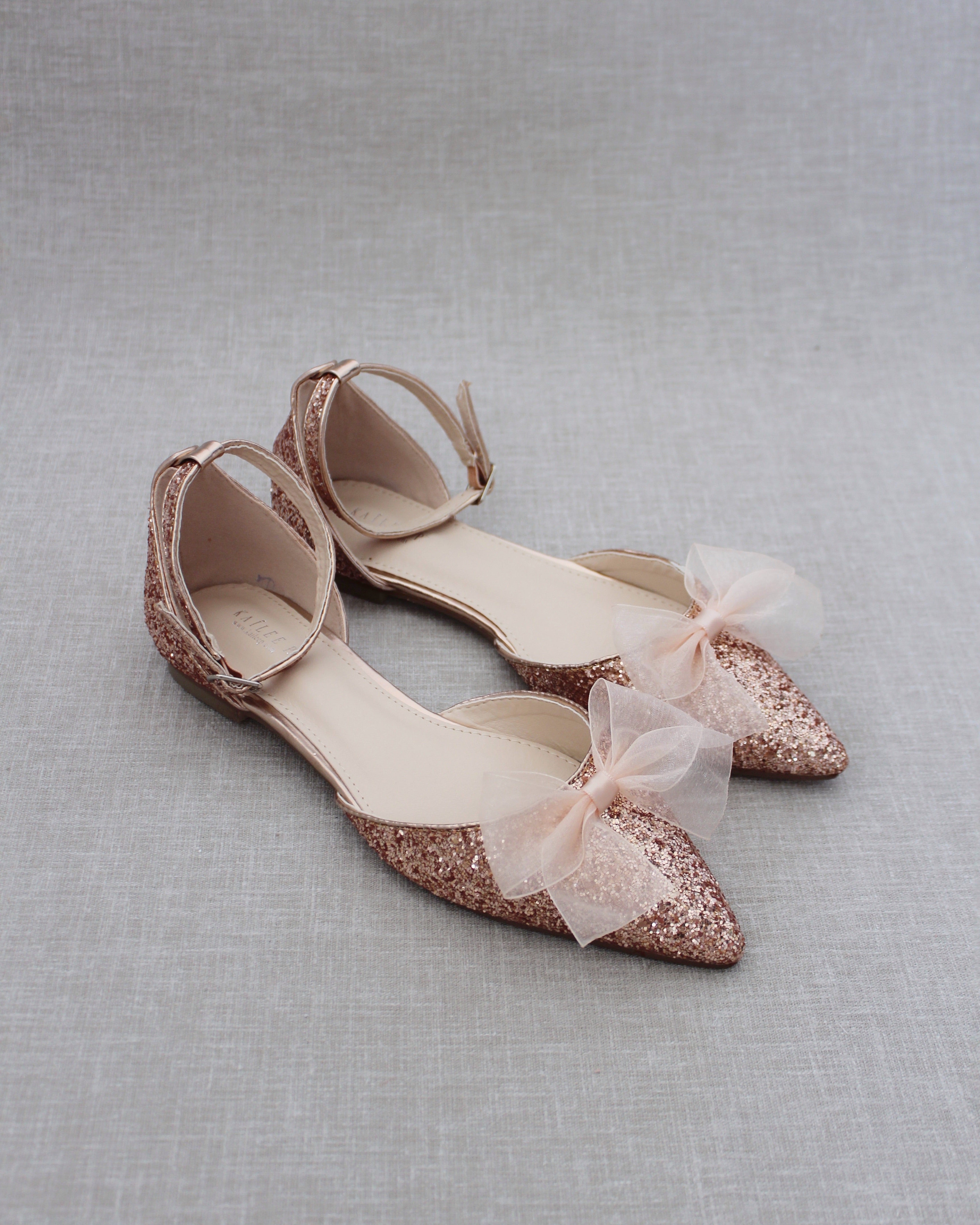 Rock Glitter Pointy Toe Flats with Organza Bow